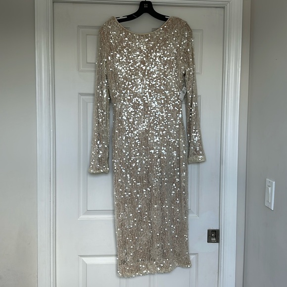 Ivory sequin and lace long sleeve v-back Dress the population